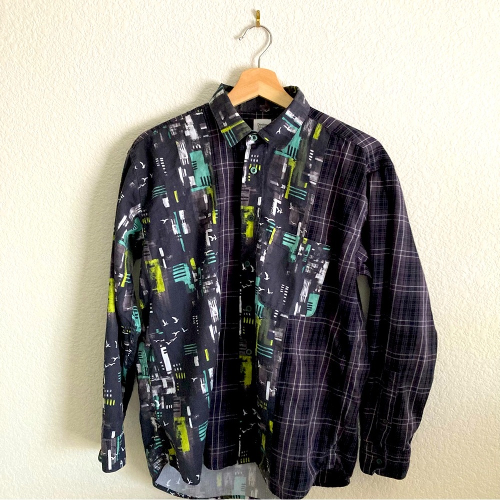 Graniph Abstract Birds Pattern Button Down Shirt (S Size - Black, Green, Yellow)